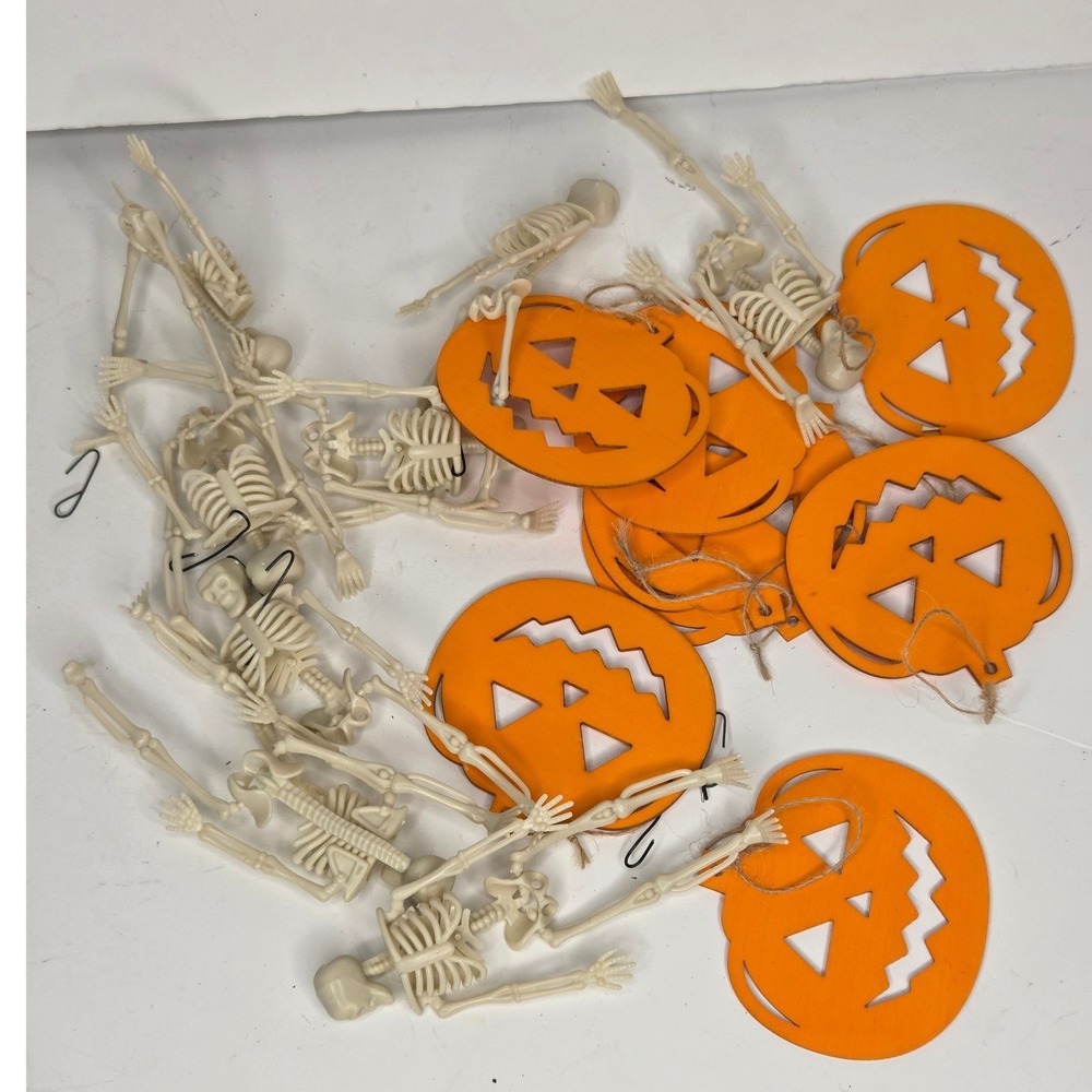 Halloween Ornament Lot Plastic Skeletons and Wooden Jack-O-Lantern Pumpkins